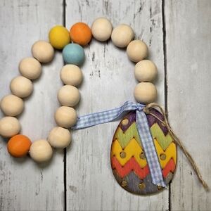 Hand Painted Colorful Wooden Bead Garland with Easter Egg Accent